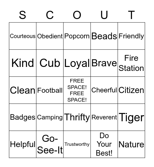 Tiger Cub Bingo Card