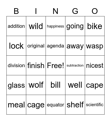 G101 Vocabulary Bingo Card