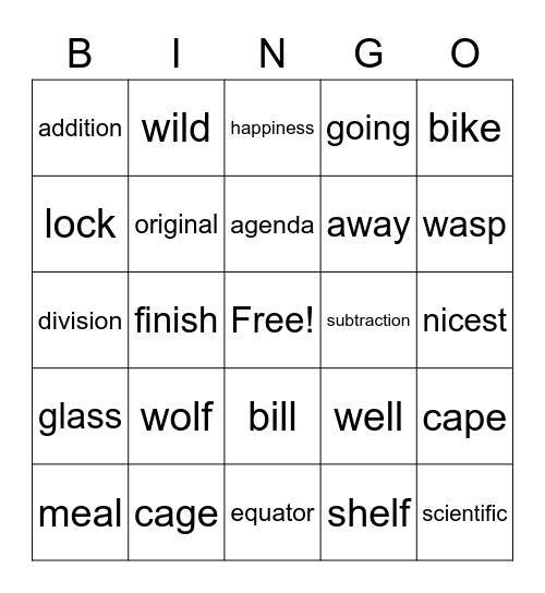 G101 Vocabulary Bingo Card