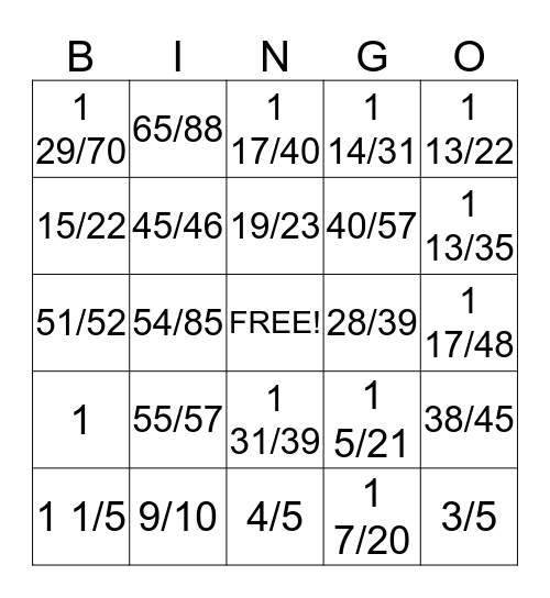 mixed number bingo Card
