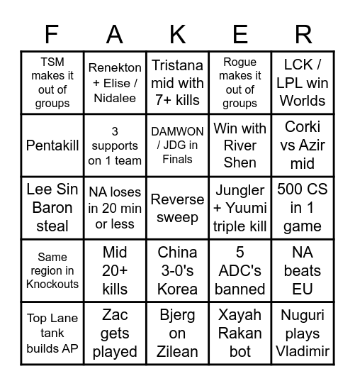 Worlds 2020 Bingo Card