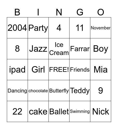 Mia's Bingo Card
