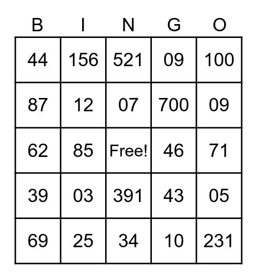 Reading Numbers Bingo Card