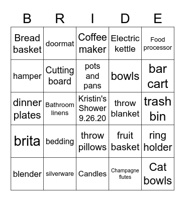 Kristin's Bridal Bingo Card