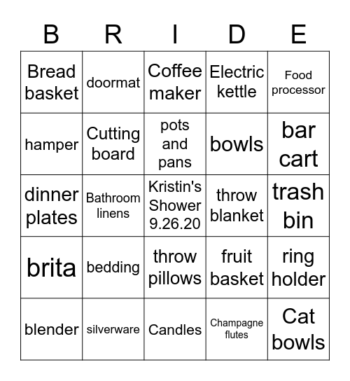 Kristin's Bridal Bingo Card
