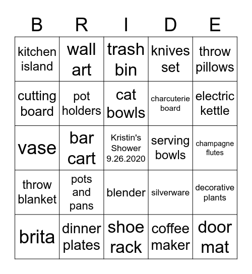 Kristin's Bridal Bingo Card