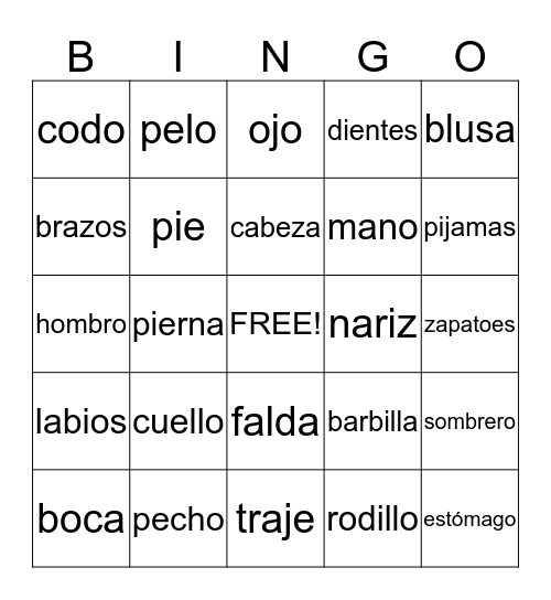 Clothing and Body Bingo Card
