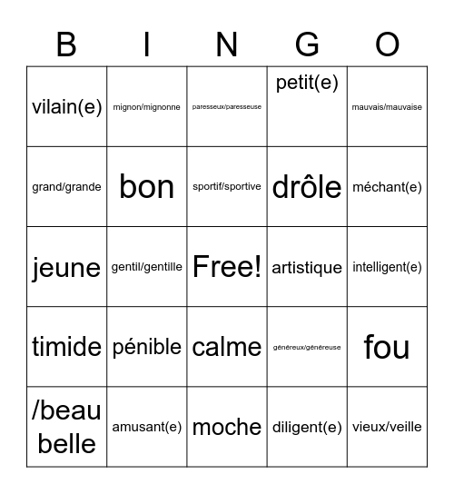 La Famille- Les Adjectifs Bingo Card