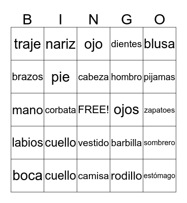Clothing and Body Bingo Card