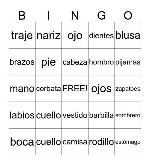 Clothing and Body Bingo Card