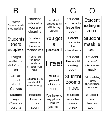 School Bingo Card