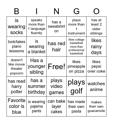 English Brain Break Bingo Card