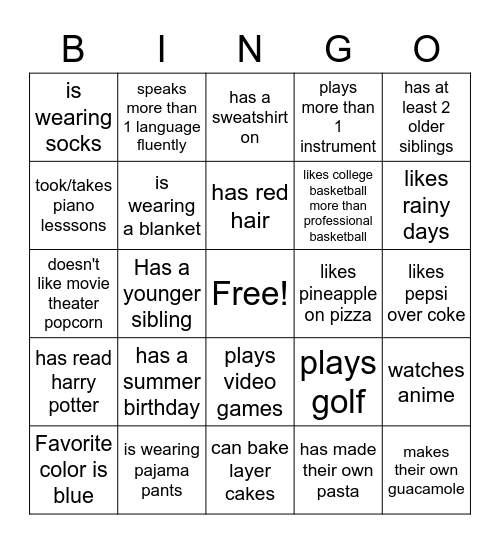 English Brain Break Bingo Card