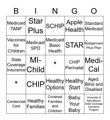 Medicaid Bingo Card