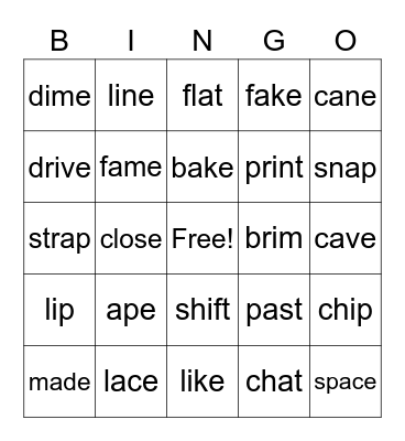 VCe Bingo Card
