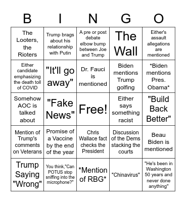 First Presidential Debate Bingo Card