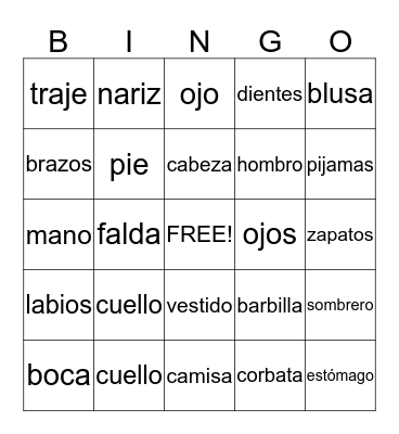 Clothing and Body Bingo Card