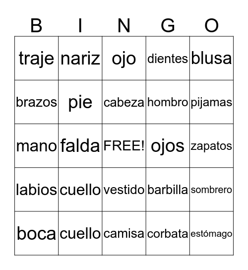 Clothing and Body Bingo Card