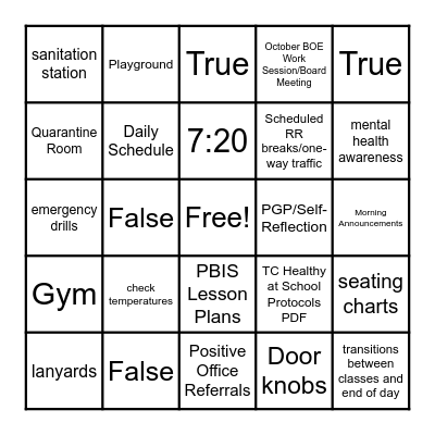 Back t o School Bingo Card