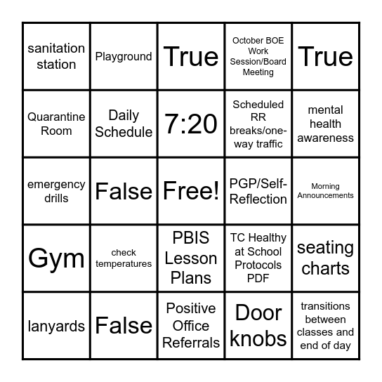 Back t o School Bingo Card