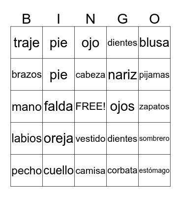 Clothing and Body Bingo Card