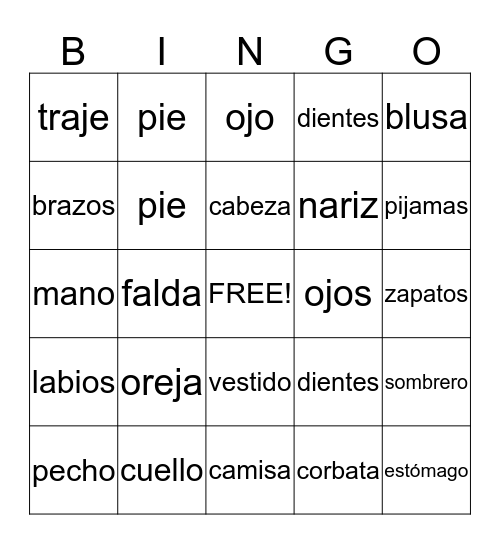 Clothing and Body Bingo Card