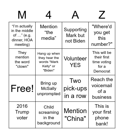 AZ Dems Phone Bank Bingo Card