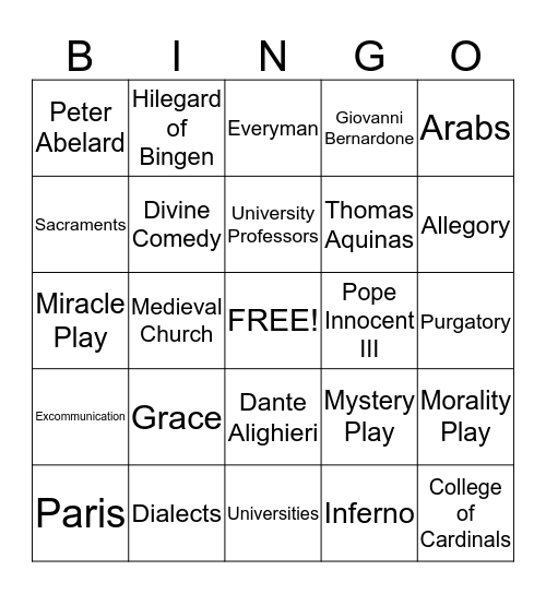 Ch.12: Christianity and the Medieval Mind  Bingo Card