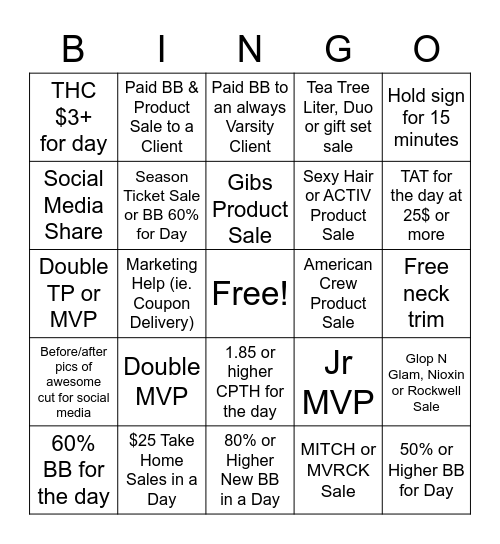 Sport Clips BINGO Card