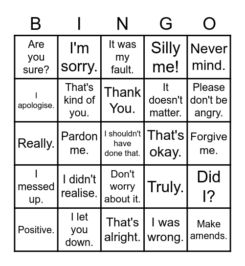 Apologies Bingo Card