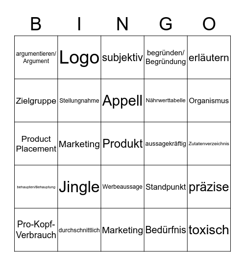 Ernährung/Meinung/Werbung Bingo Card