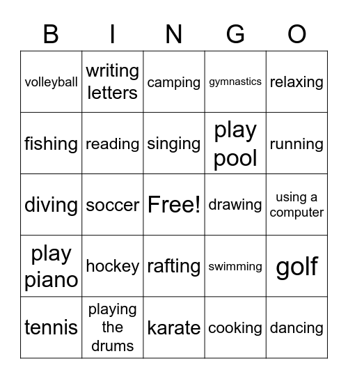 Hobbies Bingo Card