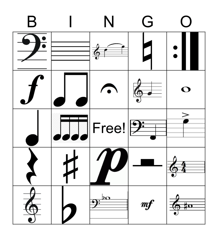 Music Symbols and Notes Bingo Card