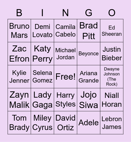 Celebrity Bingo! Bingo Card