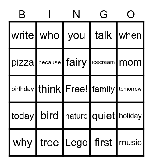 Sight Word Bingo Card