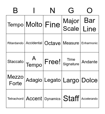 Musical Terms September 2020 Bingo Card