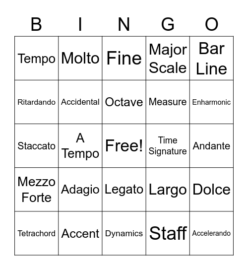 Musical Terms September 2020 Bingo Card
