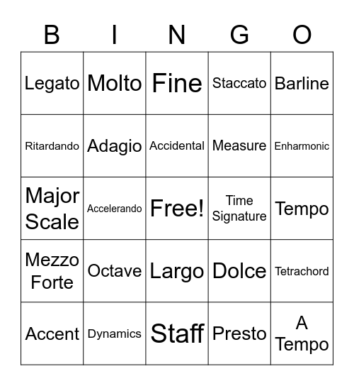 Musical Terms September 2020 Bingo Card