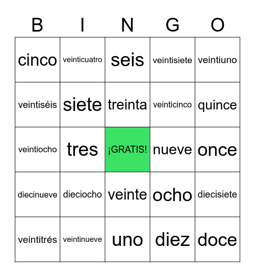 Los números 0-30 Bingo Card