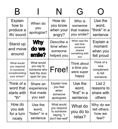 Thinking, Sharing, Feeling, Knowing Bingo Card