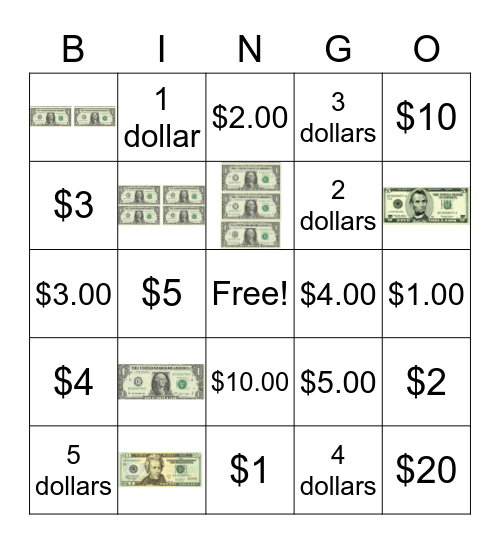 Money Bingo- Bills Only Bingo Card
