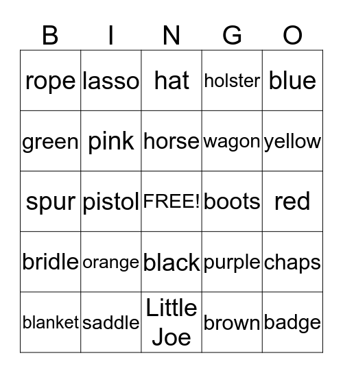 Cowboy Bingo Card