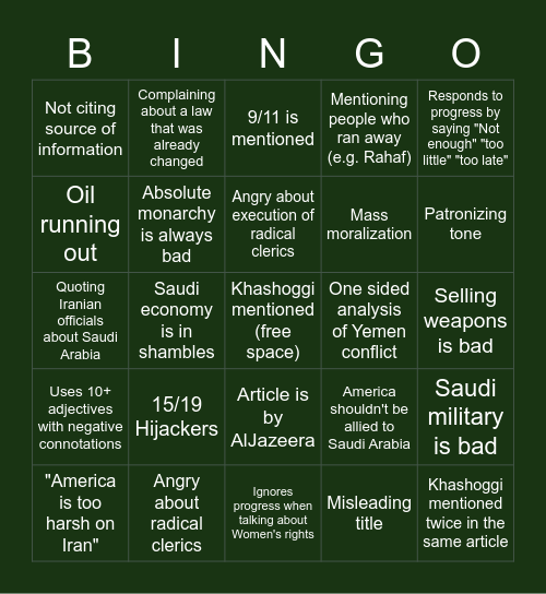 Article about Saudi Arabia bingo Card