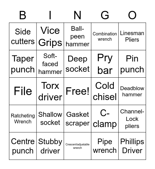 Auto tool BINGO! Bingo Card