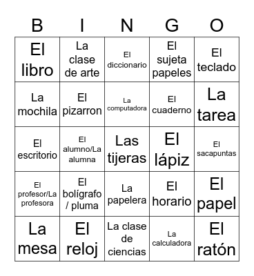 OBJETOS DE LA ESCUELA Bingo Card