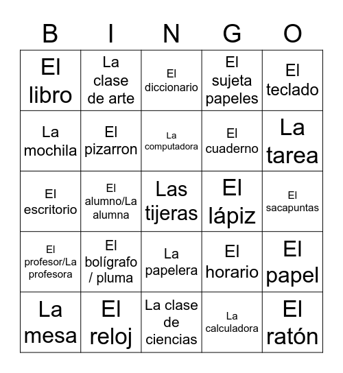 OBJETOS DE LA ESCUELA Bingo Card