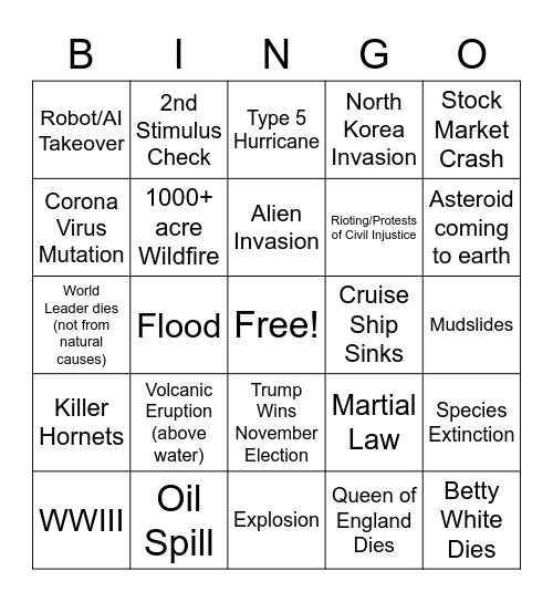 2020 Apocalypse BINGO Card