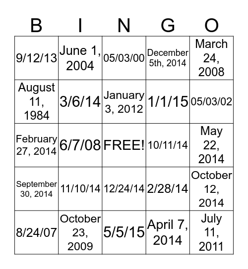 Calendar BINGO! Bingo Card