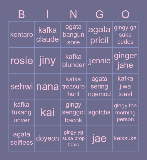 jennie Bingo Card