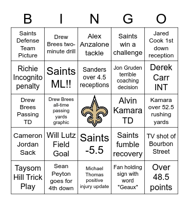 Saints Bar Bingo Card